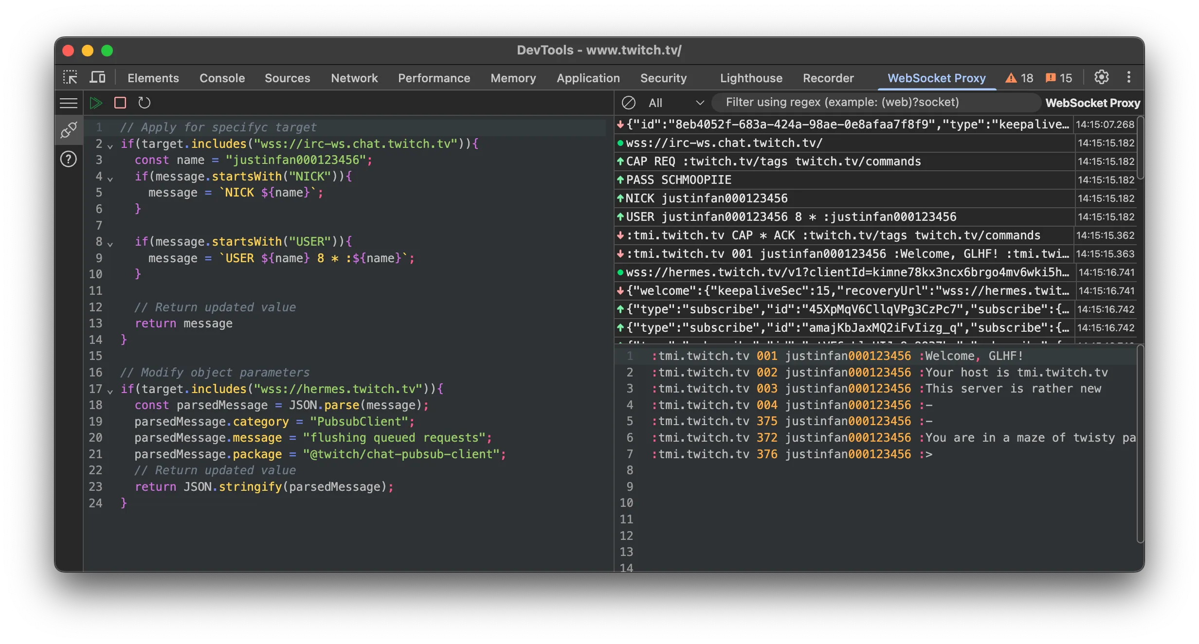 WebSocket Testing Tool proxying and modifying WebSocket messages in Chrome DevTools